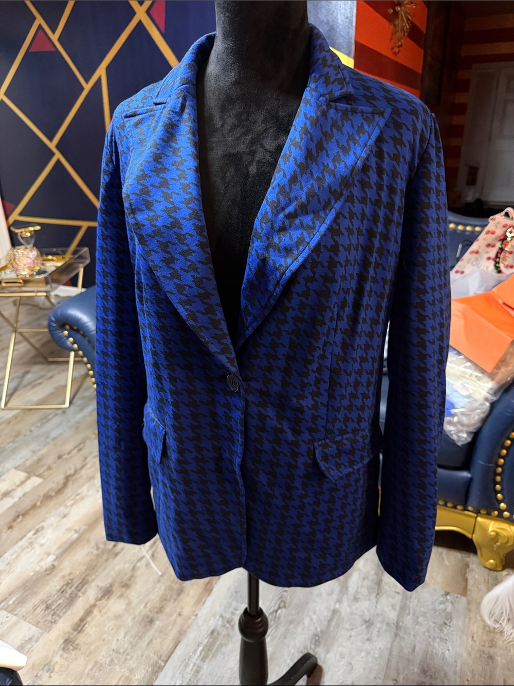 Susan Bristol Blue and Black Houndstooth Women’s Blazer